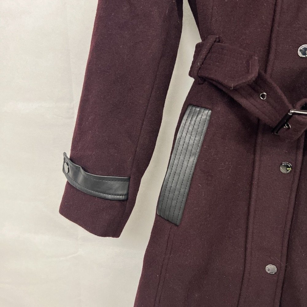 NEW Sz Medium M Michael Kors Belted faux Leather Trim Wool Hooded Coat Burgundy - Picture 8 of 9